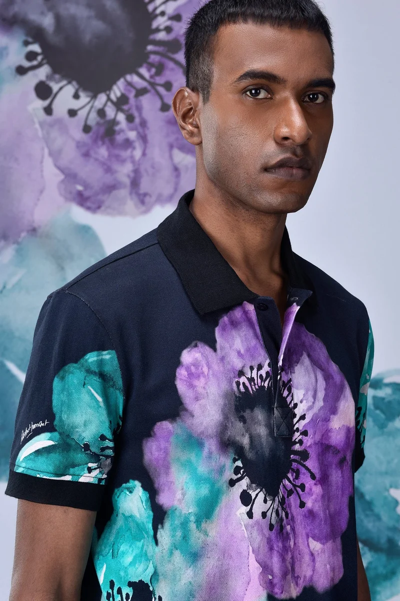 Genes Lecoanet Hemant Black-Green Cotton Piqué Polo with Abstract Floral Print